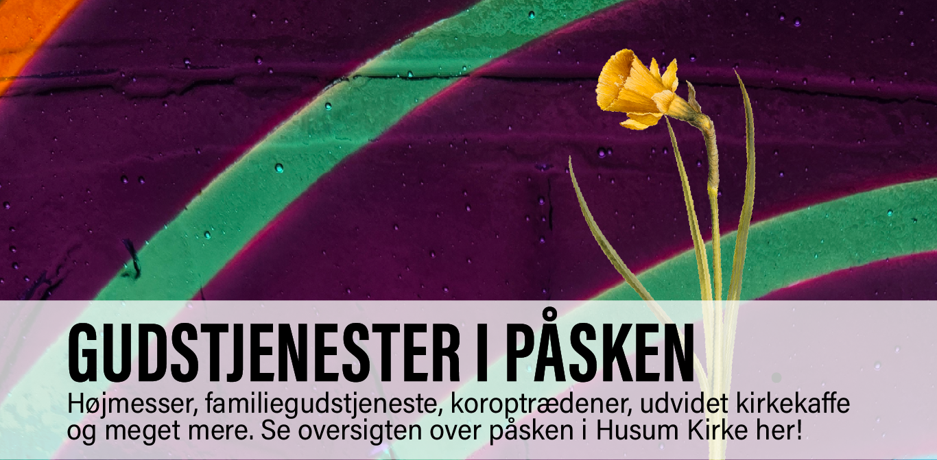 Billede af kirkens mosaik med påskelilje med link til oversigt over Påskens gudstjenester i Husum Kirke marts og april 2026 for børn og voksne