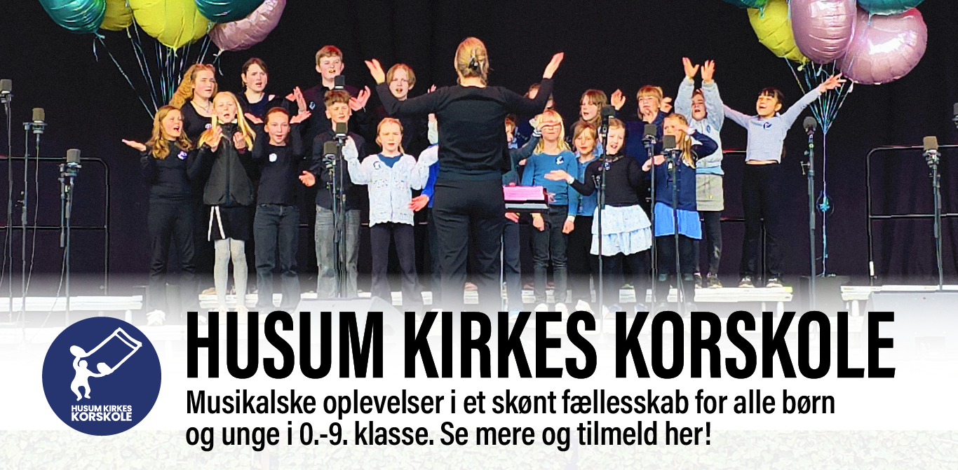 Billede af børn i kor med link til information og tilmelding til Husum Kirkes korskole