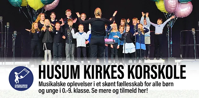 Billede af børn i kor med link til information og tilmelding til Husum Kirkes korskole
