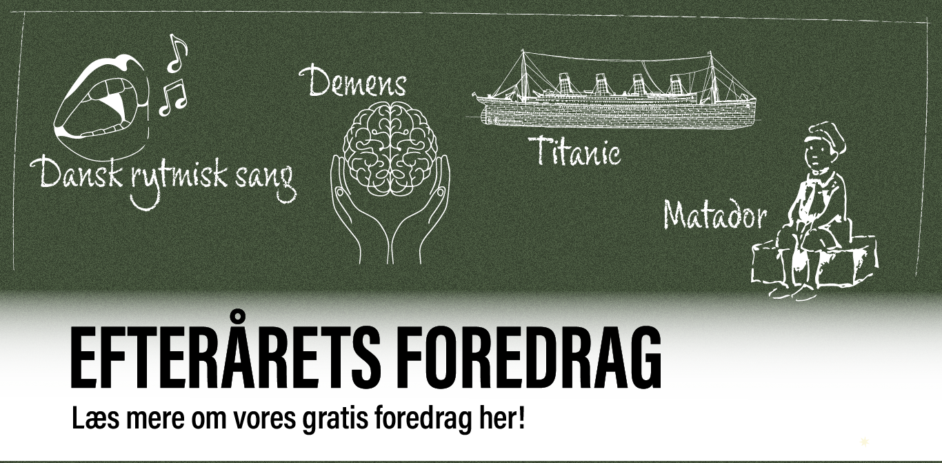 Billede med efterårets foredrag, med link til Husum Kirkes foredragsside