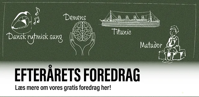 Billede med efterårets foredrag, med link til Husum Kirkes foredragsside