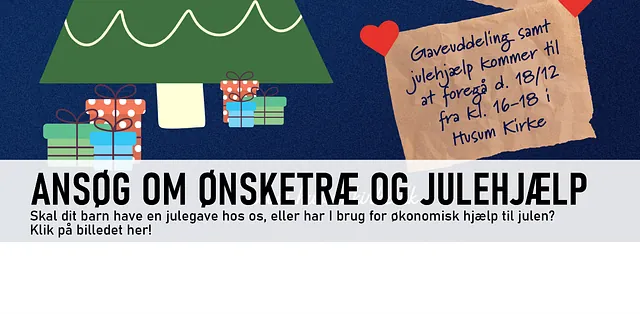 Billede med juletræ og gaver med link til menighedsplejens information om ansøgning til ønsketræ (julegaver) og julehjælp