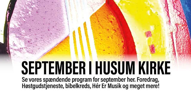 Billede af kirkens mosaik, med link til Husum Kirkes septemberprogram og kalender