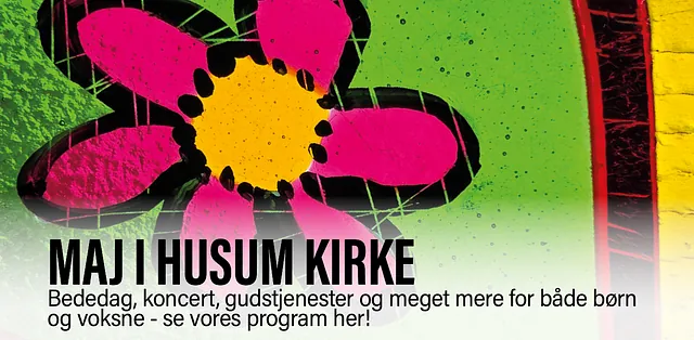 Billede af kirkens mosaik, med link til Husum Kirkes majprogram og kalender