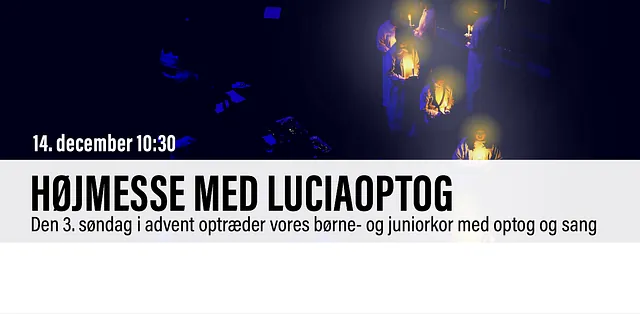 Billede af Luciaoptog i Husum Kirke med link til informationer om Luciagudstjeneste den 14. december 2025