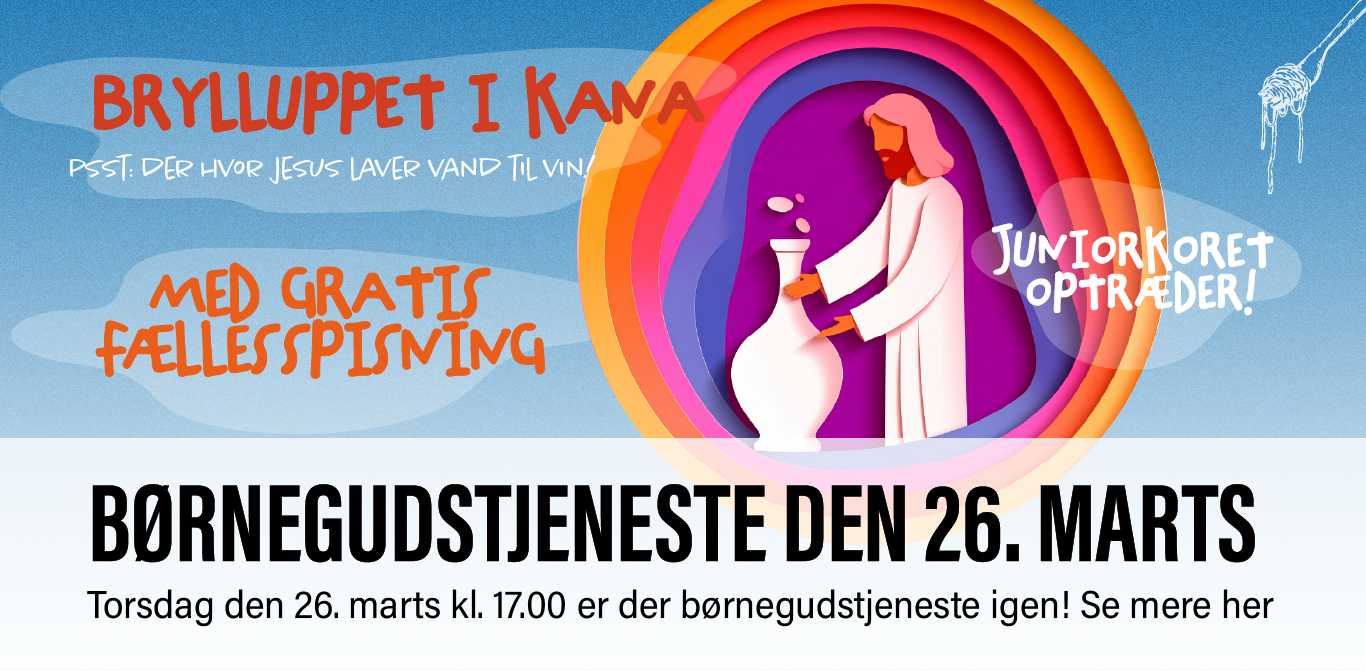 Børnegudstjeneste med gratisfællesspisning og optræden fra Juniorkoret den 26. marts klokken 17.00, klik for mere info