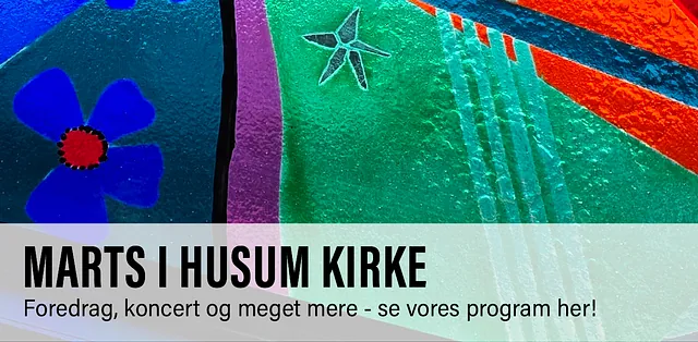 Billede af kirkens mosaik, med link til Husum Kirkes martsprogram og kalender