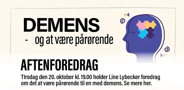 Billede med foredrag om demens og at være pårørende, med link til Husum Kirkes foredragsside