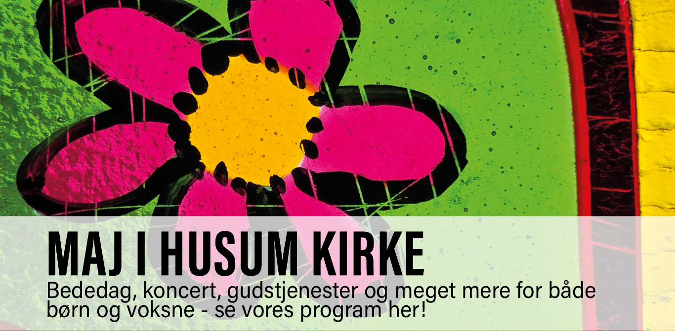 Billede af kirkens mosaik, med link til Husum Kirkes majprogram og kalender