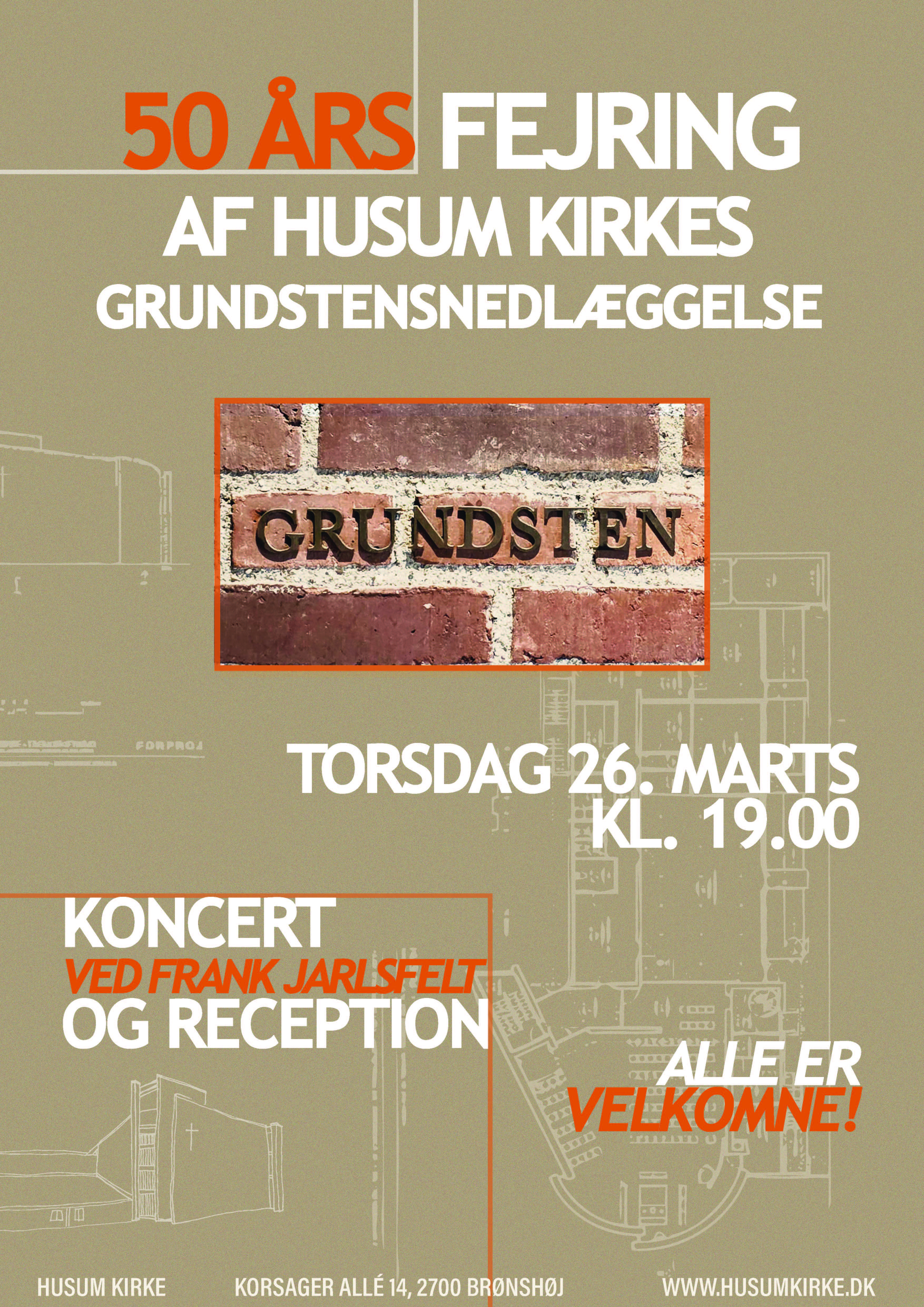 Plakat fra fejringen den 26. marts 2026 af 50 års dagen for Husum Kirkes grundstensnedlæggelse den 26. marts 1976