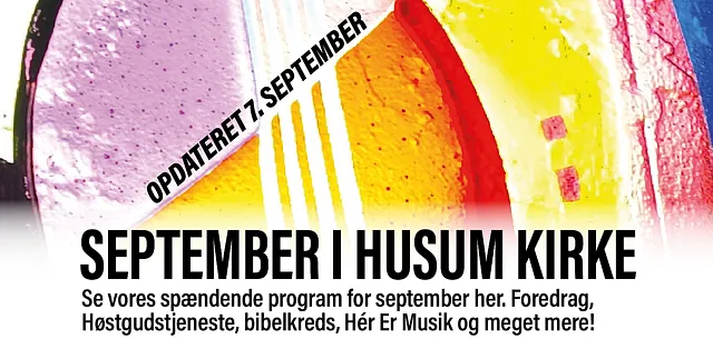 Billede af kirkens mosaik, med link til Husum Kirkes septemberprogram og kalender