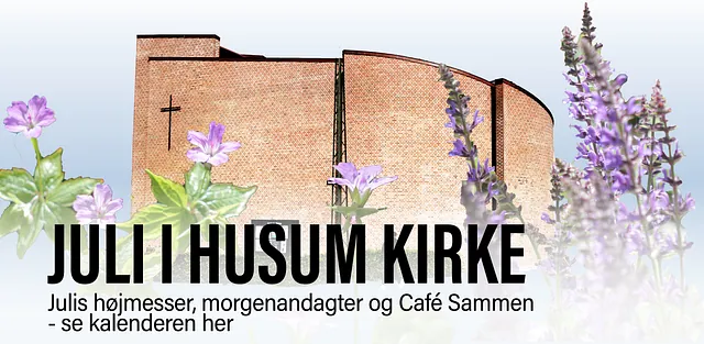 Billede af Husum Kirke, med link til Husum Kirkes juliprogram og kalender
