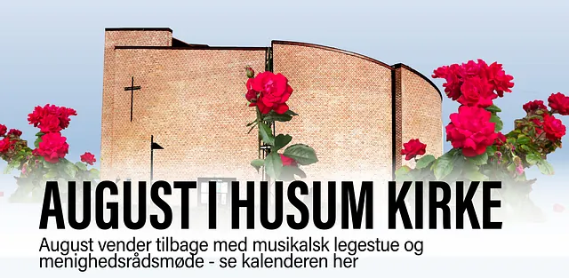 Billede af kirkens mosaik, med link til Husum Kirkes augustprogram og kalender