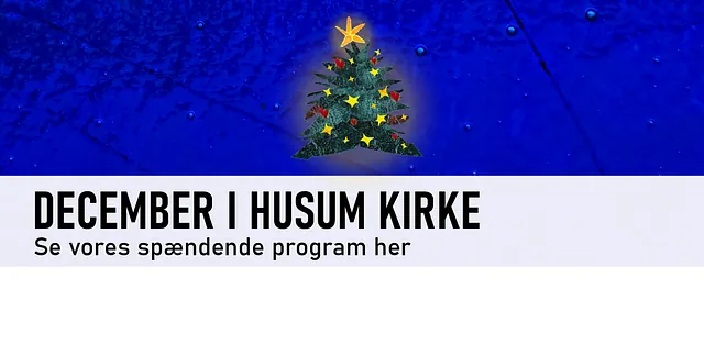 Billede af kirkens mosaik og juletræ, med link til Husum Kirkes Decemberkalender