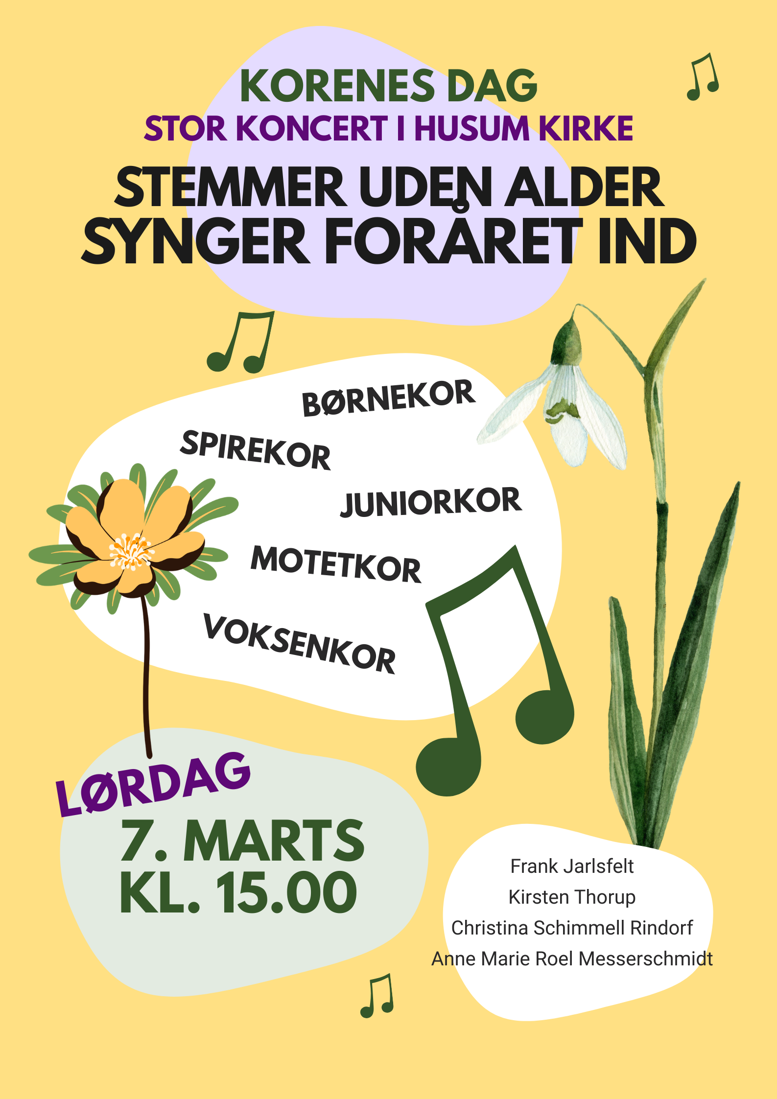Plakat for forårskoncert/korenes dag lørdag den 7. marts 2026 klokken 15.00