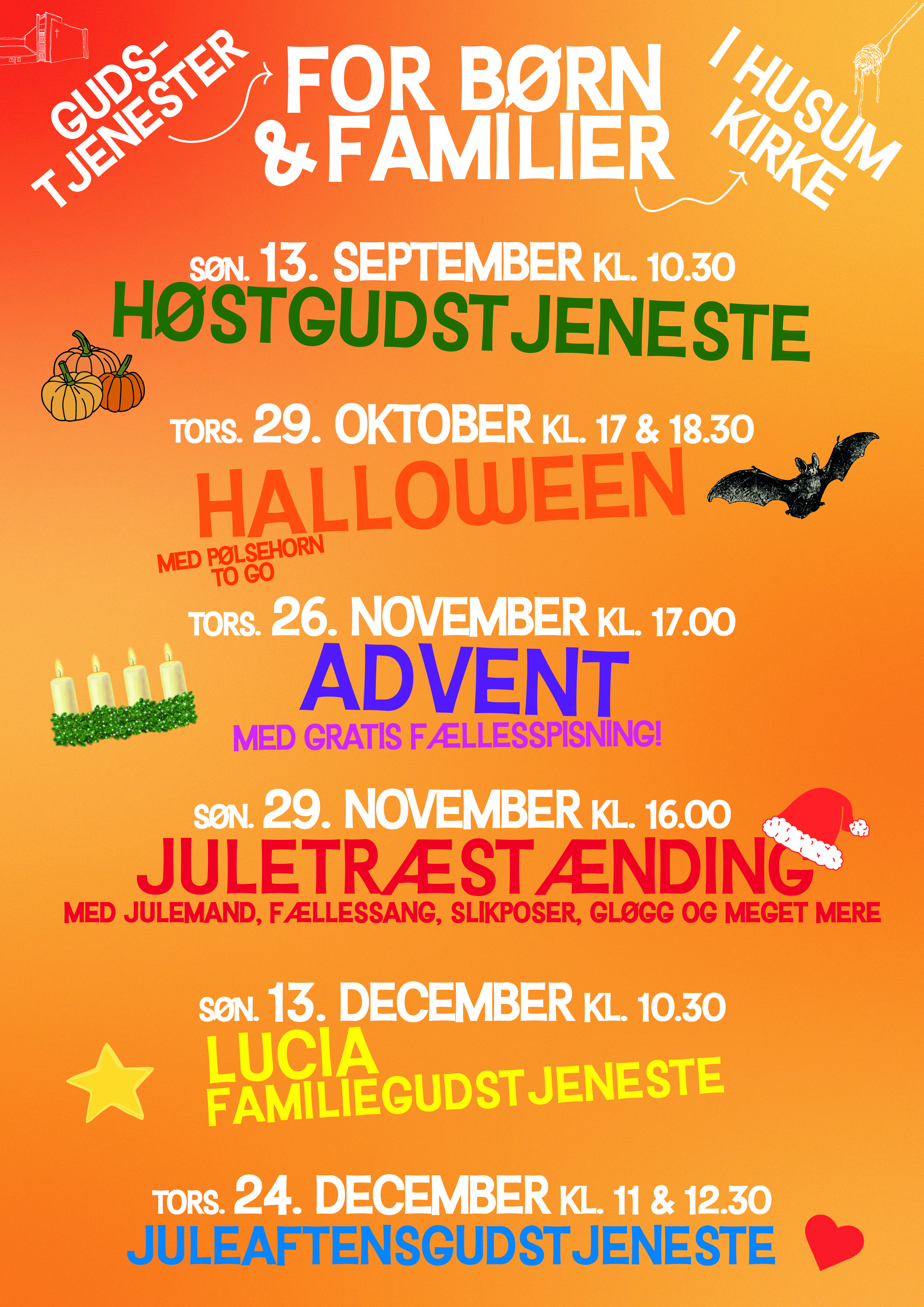 Plakat for familie- og børnegudstjenester i Husum Kirke september-december 2026