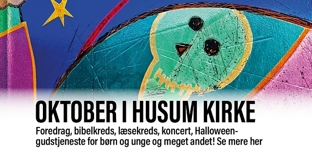 Billede af kirkens mosaik, med link til Husum Kirkes oktoberprogram og kalender